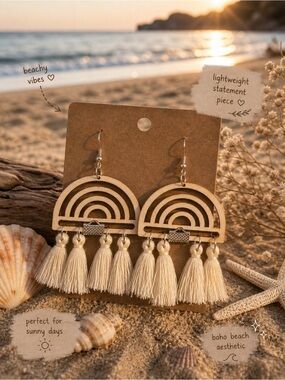 Hand Crafted Cream Tassel Rainbow Dangle Earrings
